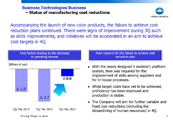 Business Technologies Business - Status of manufacturing cost reductions