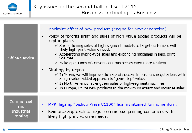 Key issues in the second half of fiscal 2015: Business Technologies Business